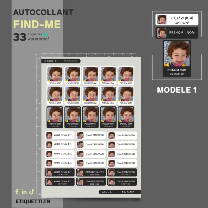 Offrez une sécurité supplémentaire à votre enfant avec des grandes étiquettes personnalisées FIND-Me. Incluant photo, nom et numéro de téléphone, ces étiquettes aident à identifier facilement les affaires et à contacter rapidement les parents en cas de besoin.