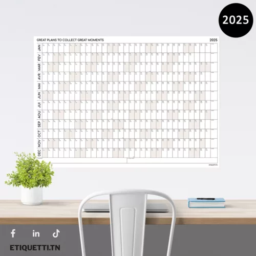 calendrier annuel géant en papier. Idéal pour organiser vos projets et événements, avec un design élégant et pratique. Parfait pour la maison ou le bureau