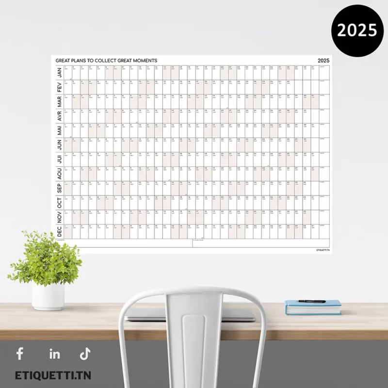 calendrier annuel géant en papier. Idéal pour organiser vos projets et événements, avec un design élégant et pratique. Parfait pour la maison ou le bureau