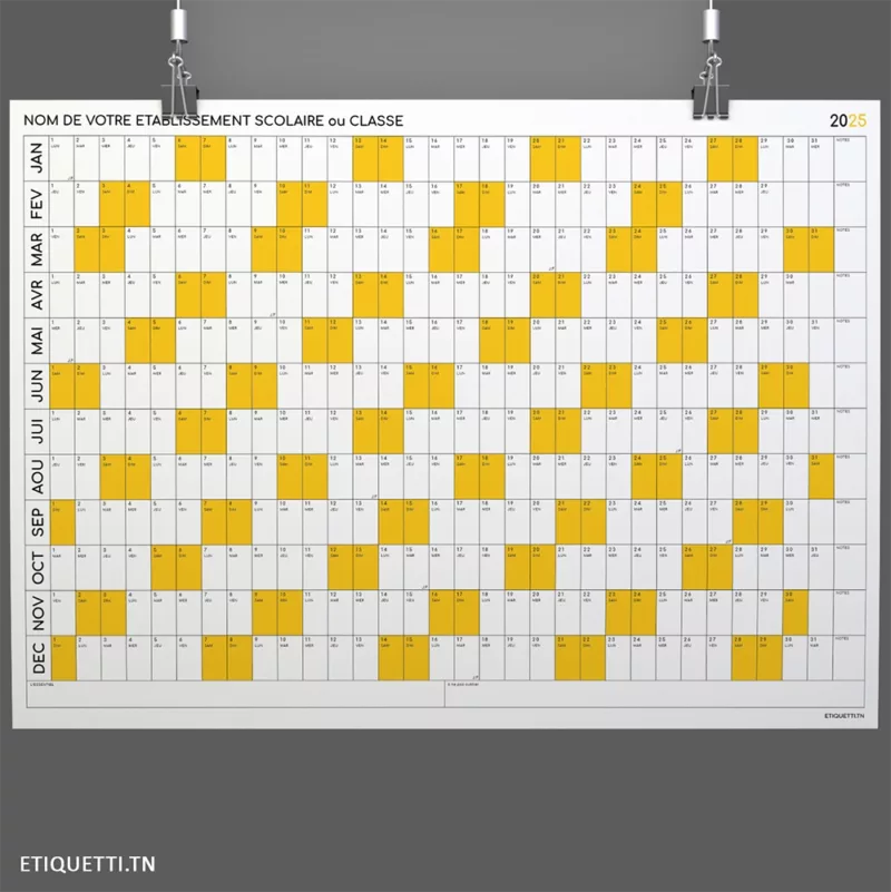 calendrier annuel scolaire mural de bureau 2025