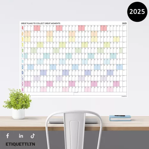 calendrier annuel 2025 mural géant en papier. Idéal pour organiser vos projets et événements, avec un design élégant et pratique. Parfait pour la maison ou le bureau