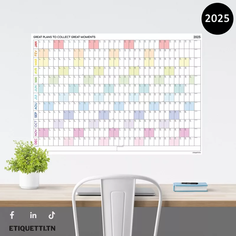 calendrier annuel 2025 mural géant en papier. Idéal pour organiser vos projets et événements, avec un design élégant et pratique. Parfait pour la maison ou le bureau
