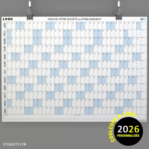 Calendrier Mural Géant Personnalisé Entreprise Tunisie 2026, affichage annuel, logo société.