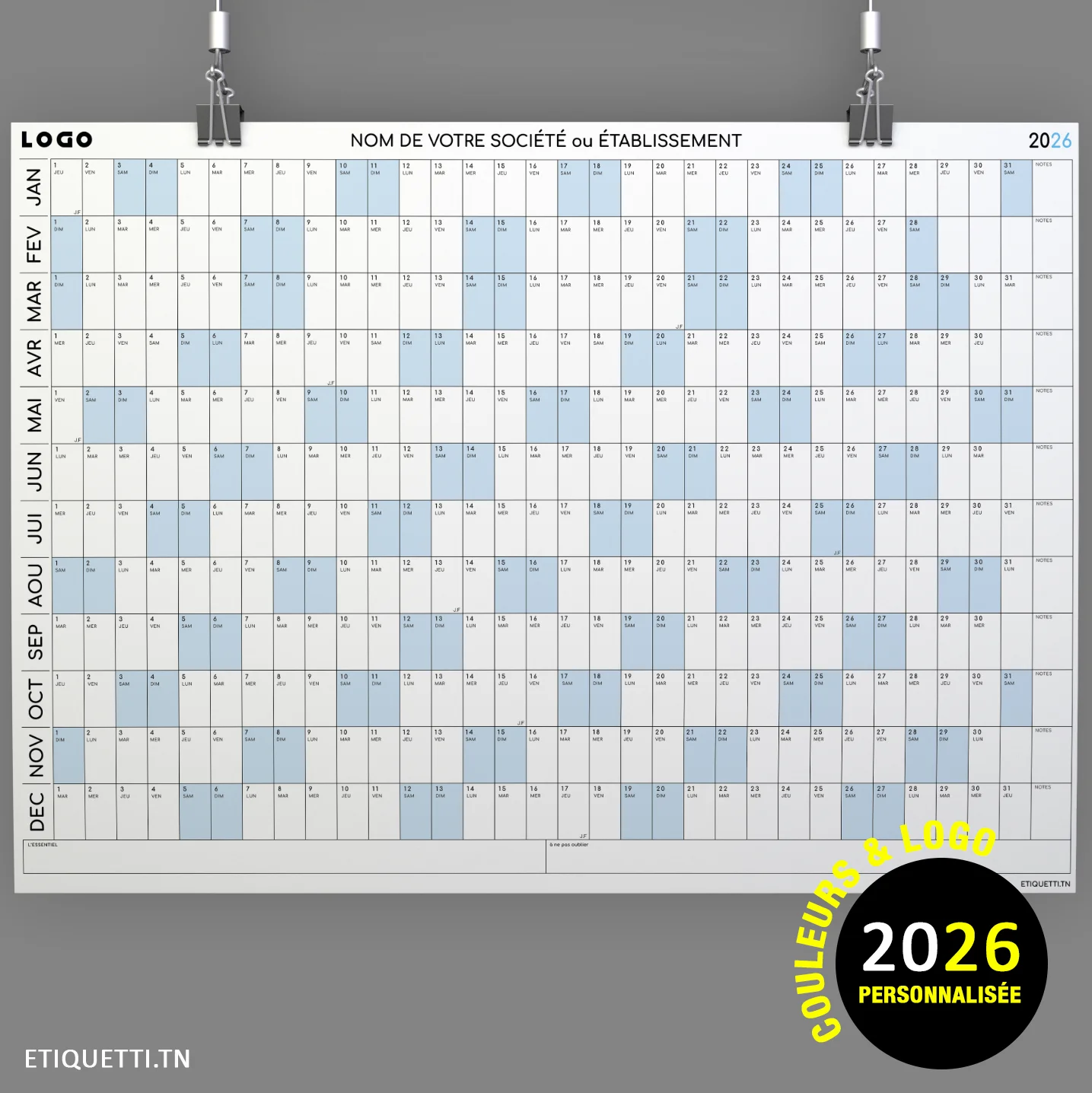 Calendrier Mural Géant pour Professionnels Tunisie | Personnalisé