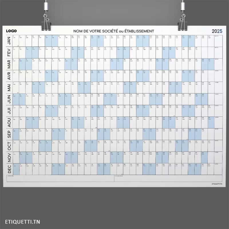 Calendrier annuel géant pour les Entreprises 2025 | 𝗠𝗢𝗗𝗘𝗟𝗘 « Entête Personnalisable » spécialement conçu pour les entreprises. Avec une entête personnalisable, ce calendrier est idéal pour organiser vos événements professionnels tout en reflétant l'identité visuelle de votre marque. Parfait pour planifier efficacement toute l'année.