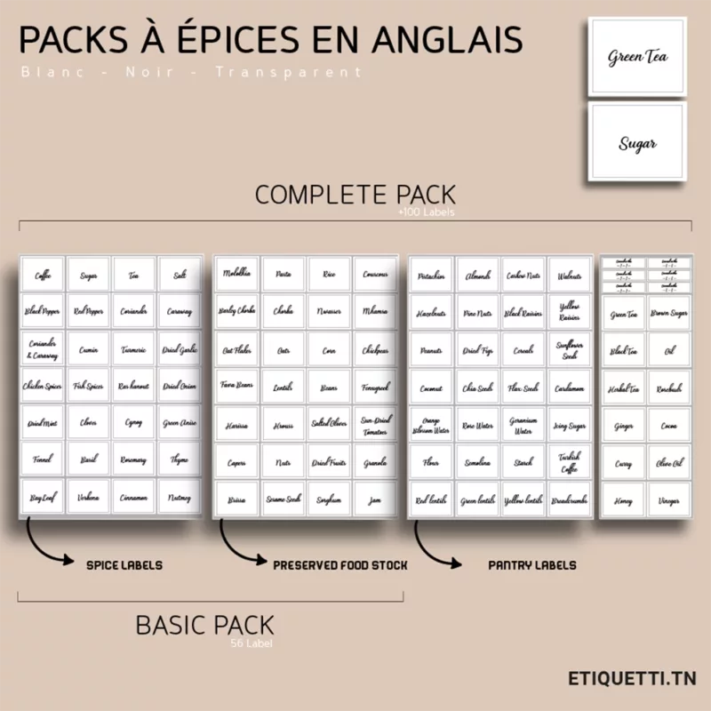 Étiquettes à épices en anglais pour une cuisine tunisienne organisée