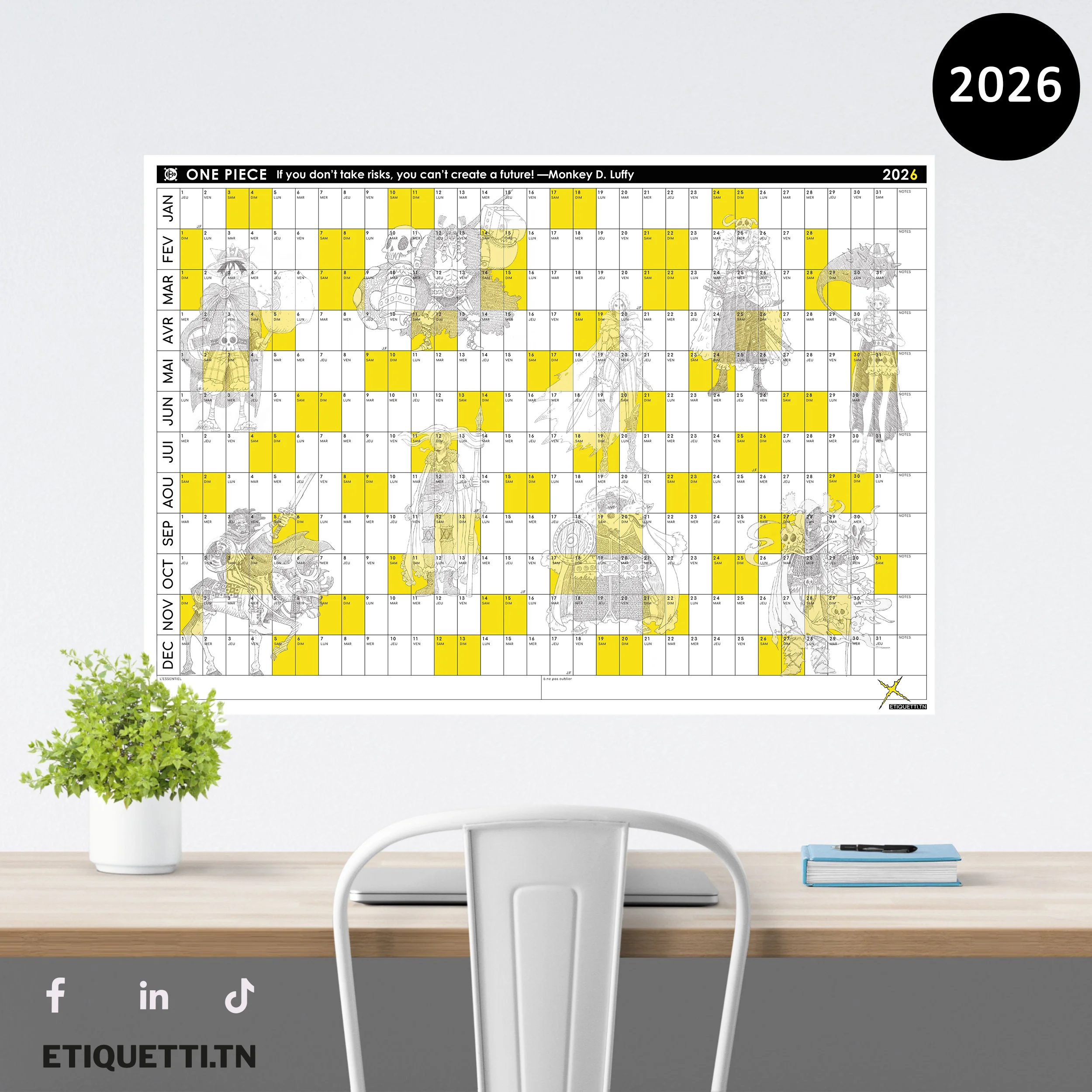 Calendrier mural géant One Piece 80x60cm sur un mur, montrant l'échelle et le design