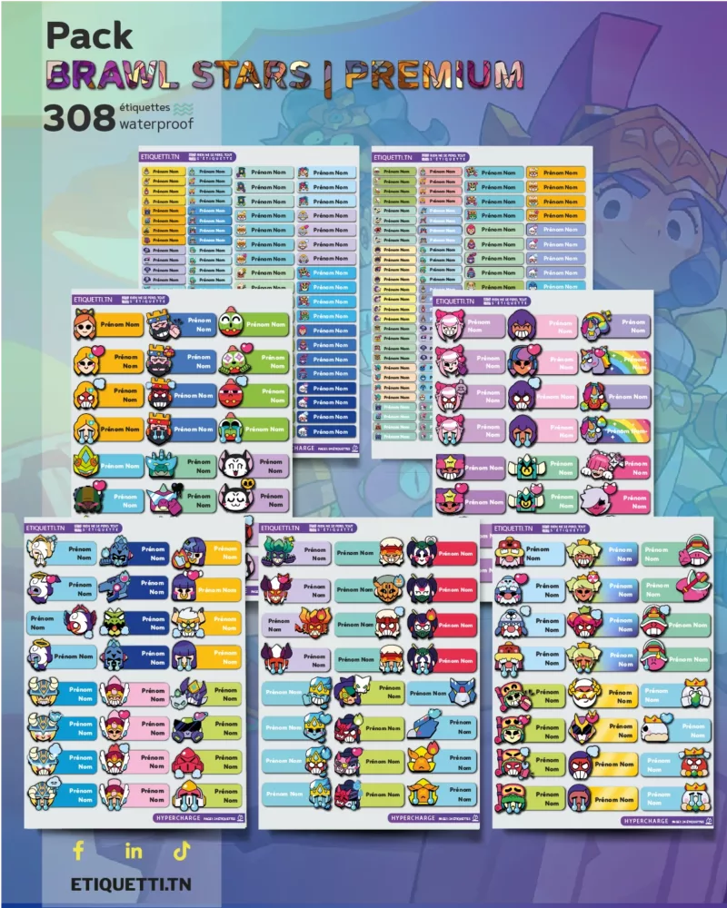 Étiquettes scolaires premium Brawl Stars | collection complète haute qualité | 5 pages grandes étiquettes | 2 pages petites étiquettes | Brawlers en pins et émotions.