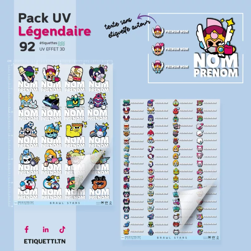 Étiquettes scolaires personnalisées Brawl Stars Légendaire UV DTF, brawlers en pins spéciaux et en émotions, effet 3D, étiquettes pour fournitures scolaires Tunisie.