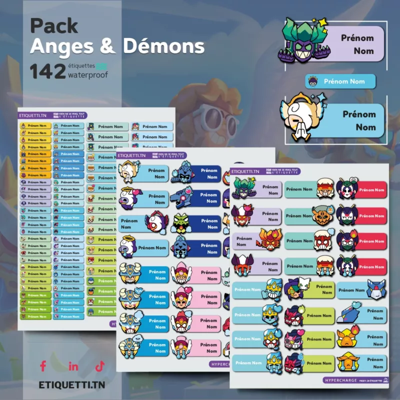 Étiquettes scolaires personnalisées Brawl Stars, Anges et Démons, Brawlers thématiques (Edgar, Draco, Bull, Billie, Janet, Surge, Mortis, Fang, Kaze, Ambre, Kenji, Corbac), PP écologique waterproof, fournitures scolaires Tunisie.