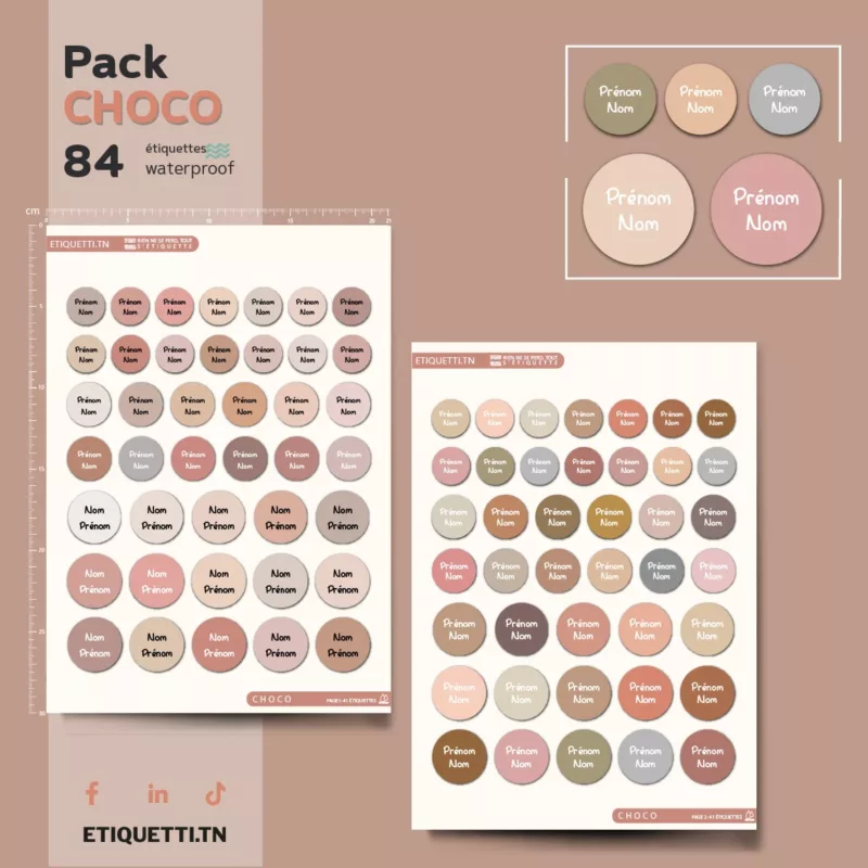 Pack d'étiquettes scolaires personnalisées CHOCO, étiquettes rondes tons neutres (marrons, beiges, rosés), étiquettes prénom nom enfant, vinyle waterproof, design minimaliste et élégant.