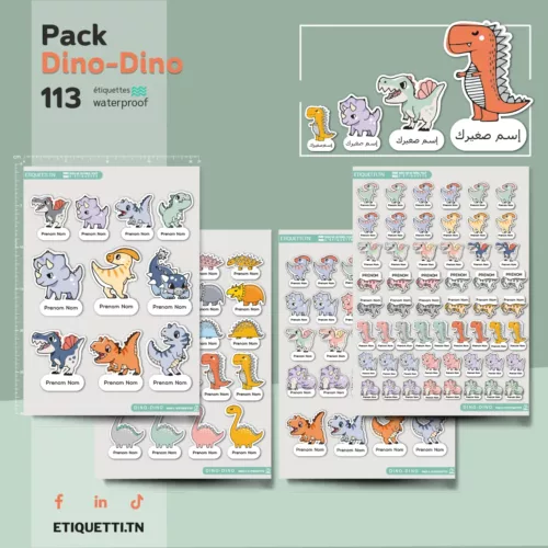 Pack étiquettes scolaires dinosaures - 113 étiquettes waterproof - Marquez cahiers, gourdes, stylos