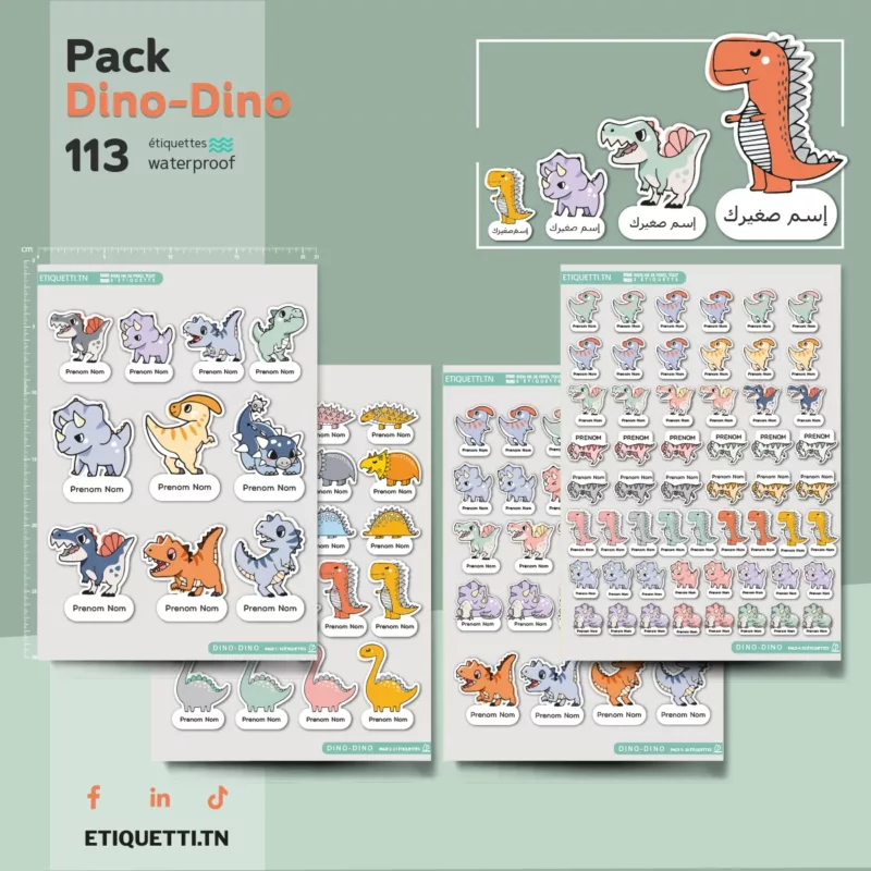 Pack étiquettes scolaires dinosaures - 113 étiquettes waterproof - Marquez cahiers, gourdes, stylos