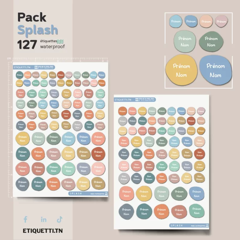 Pack étiquettes scolaires personnalisées Splash, ronds aux couleurs effet aquarelle, étiquettes prénom nom enfant, vinyle waterproof, design artistique et joyeux.