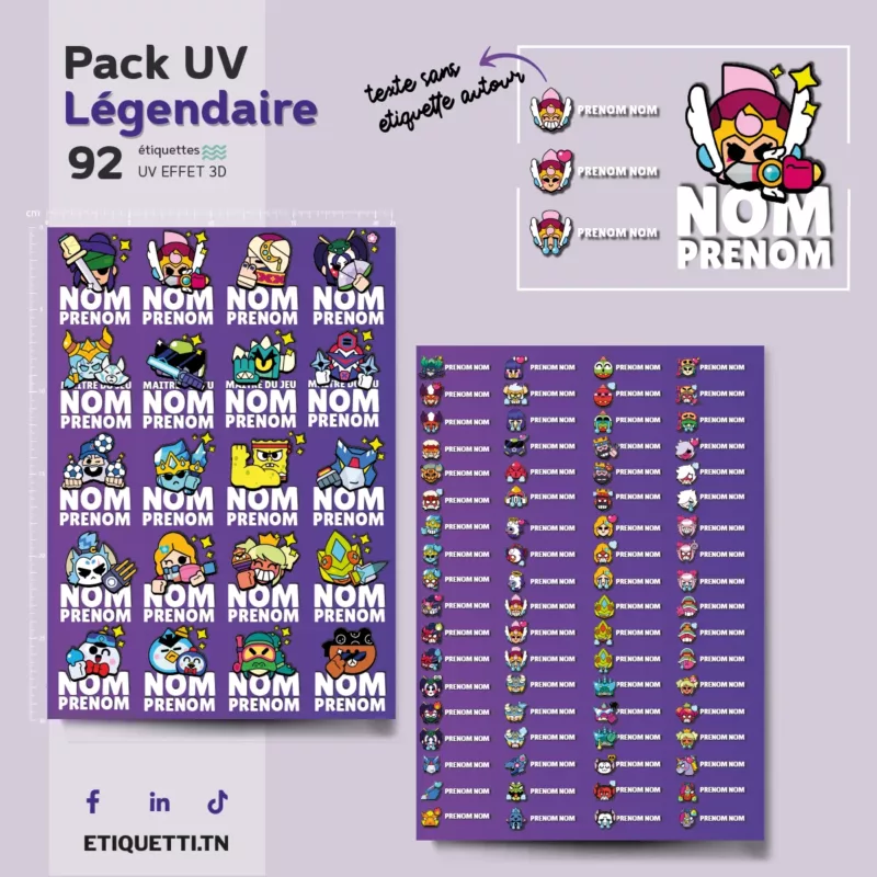 Étiquettes scolaires personnalisées Brawl Stars Légendaire UV DTF, brawlers en pins spéciaux et en émotions, effet 3D, étiquettes pour fournitures scolaires Tunisie.