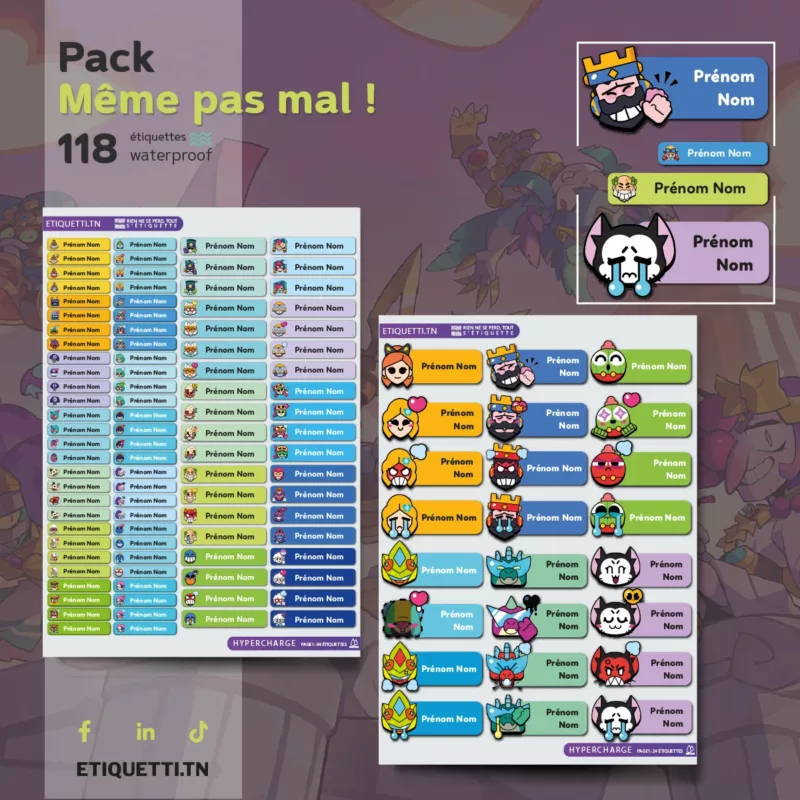 Étiquettes scolaires personnalisées Brawl Stars, personnages du jeu vidéo, Frank, Polly, Spike, Léon, Buzz, Kit, Dynamike, Ash, Darryl, Angelo, PP écologique waterproof, fournitures scolaires Tunisie.
