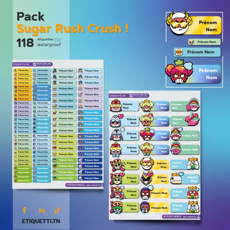 Étiquettes scolaires personnalisées Sugar Rush Crush Brawl Stars, personnages du jeu vidéo, waterproof, prénom nom enfant, fournitures scolaires Tunisie.