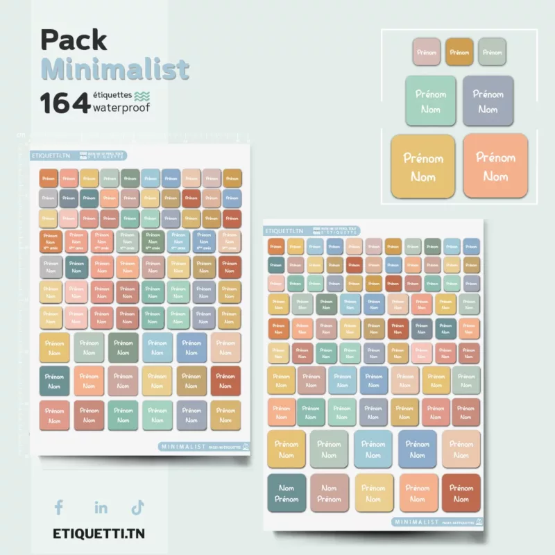 Pack d'étiquettes scolaires personnalisées Minimalist, étiquettes carrées coins arrondis, couleurs pastel douces, étiquettes prénom nom enfant, vinyle waterproof, design épuré et moderne.