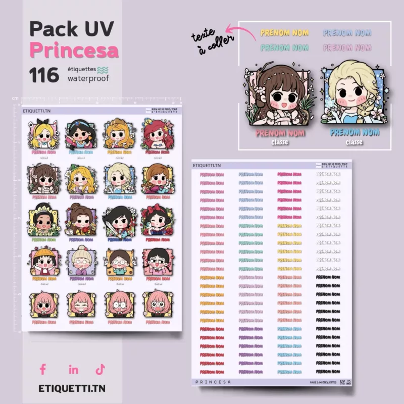 Étiquettes UV DTF 3D PRINCESA – 116 stickers princesses Disney, Marocco et Anya – personnalisables et résistants