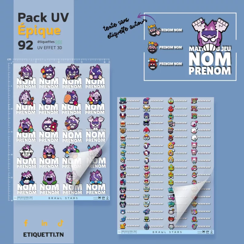 Étiquettes scolaires personnalisées Brawl Stars Fartekhohom Wahid Wahid | Brawlers en pins et en émotions | UV DTF effet 3D | fournitures scolaires Tunisie.