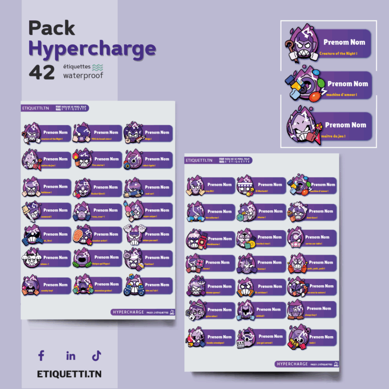 Feuilles d’étiquettes grand format sur le thème Hypercharge Brawl Stars, avec noms personnalisables et illustrations des brawlers emblématiques.