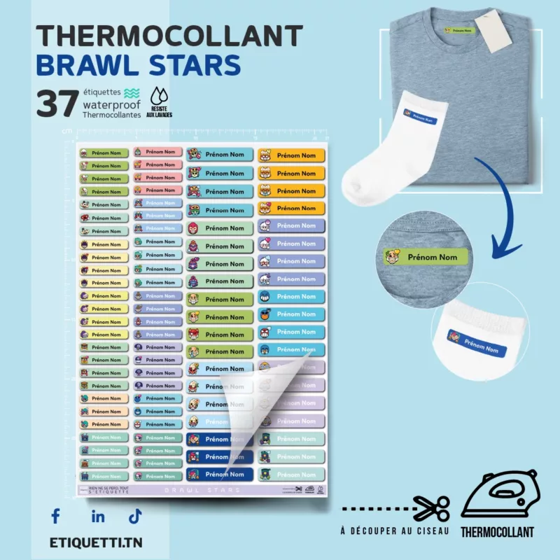 Étiquettes thermocollantes personnalisées Brawl Stars | 37 stickers pour vêtements, sacs, trousses | Mêmes motifs que les stylos | Prénom/Nom AR/FR.