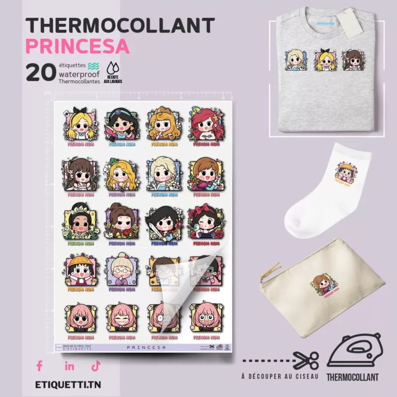 Étiquettes thermocollantes personnalisées Princesse | 20 stickers pour vêtements et affaires en tissu | Prénom/Nom AR/FR | Facile à appliquer.
