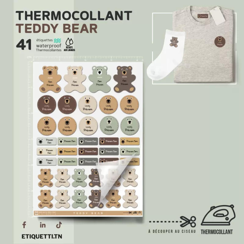 Étiquettes thermocollantes Doudou | 41 stickers pour vêtements, bavoirs, sacs | Personnalisation Prénom/Nom AR/FR.