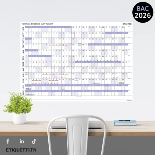 Calendrier mural BAC 2026 (Sept-Août),Tunisie avec semaines bloquées en rouge et stickers DS, DC, Bac Sport, Révision.