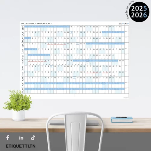 Calendrier année scolaire 2025–2026 Tunisie – modèle bleu mural