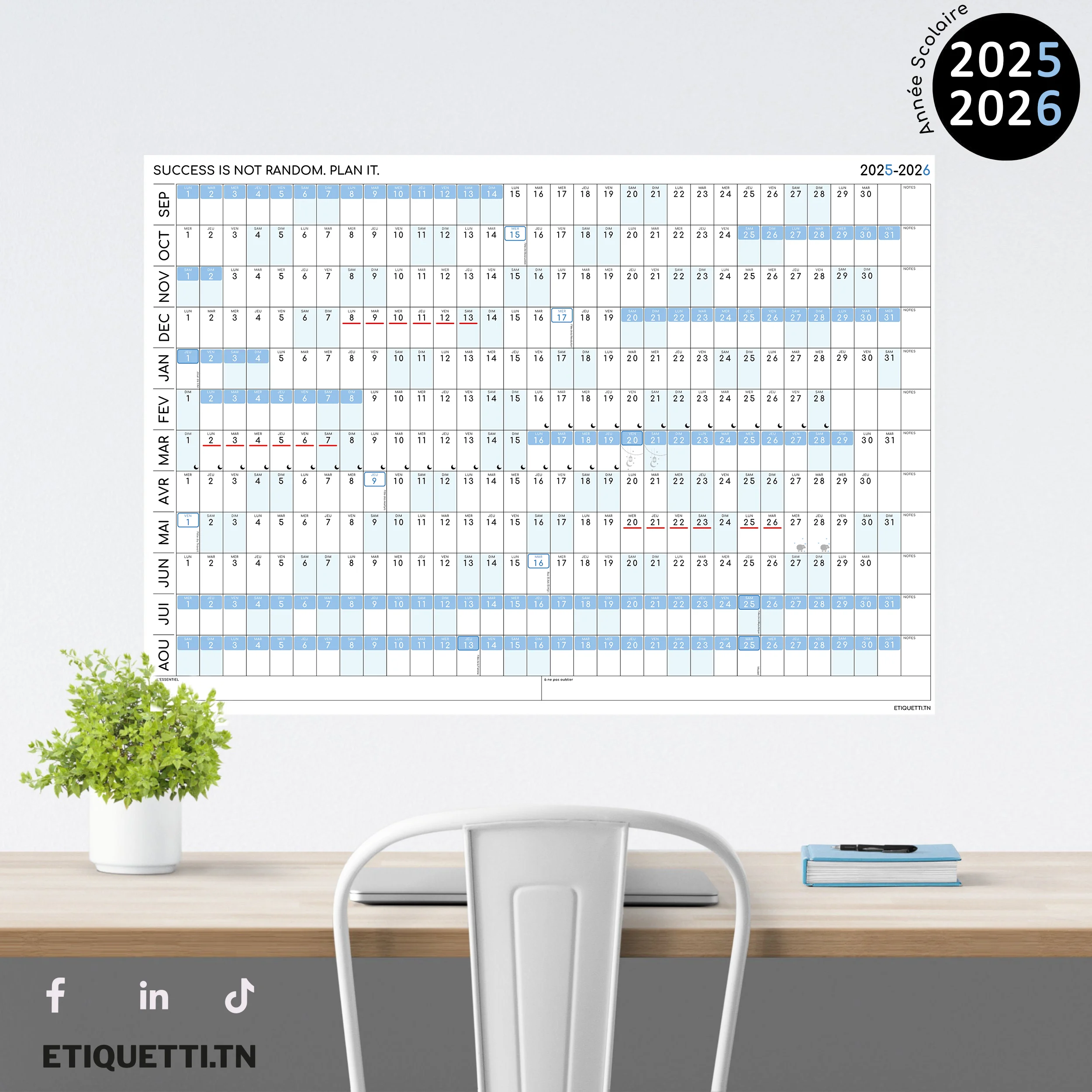 Calendrier Scolaire (Sept→Août) – Tunisie