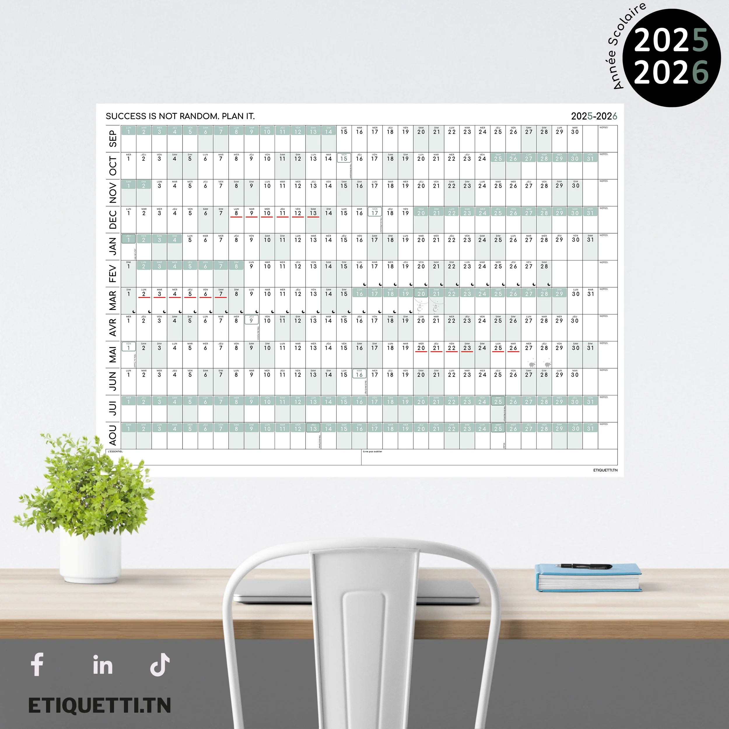 Zoom du calendrier 2025–2026 Tunisie montrant les semaines d’examens surlignées