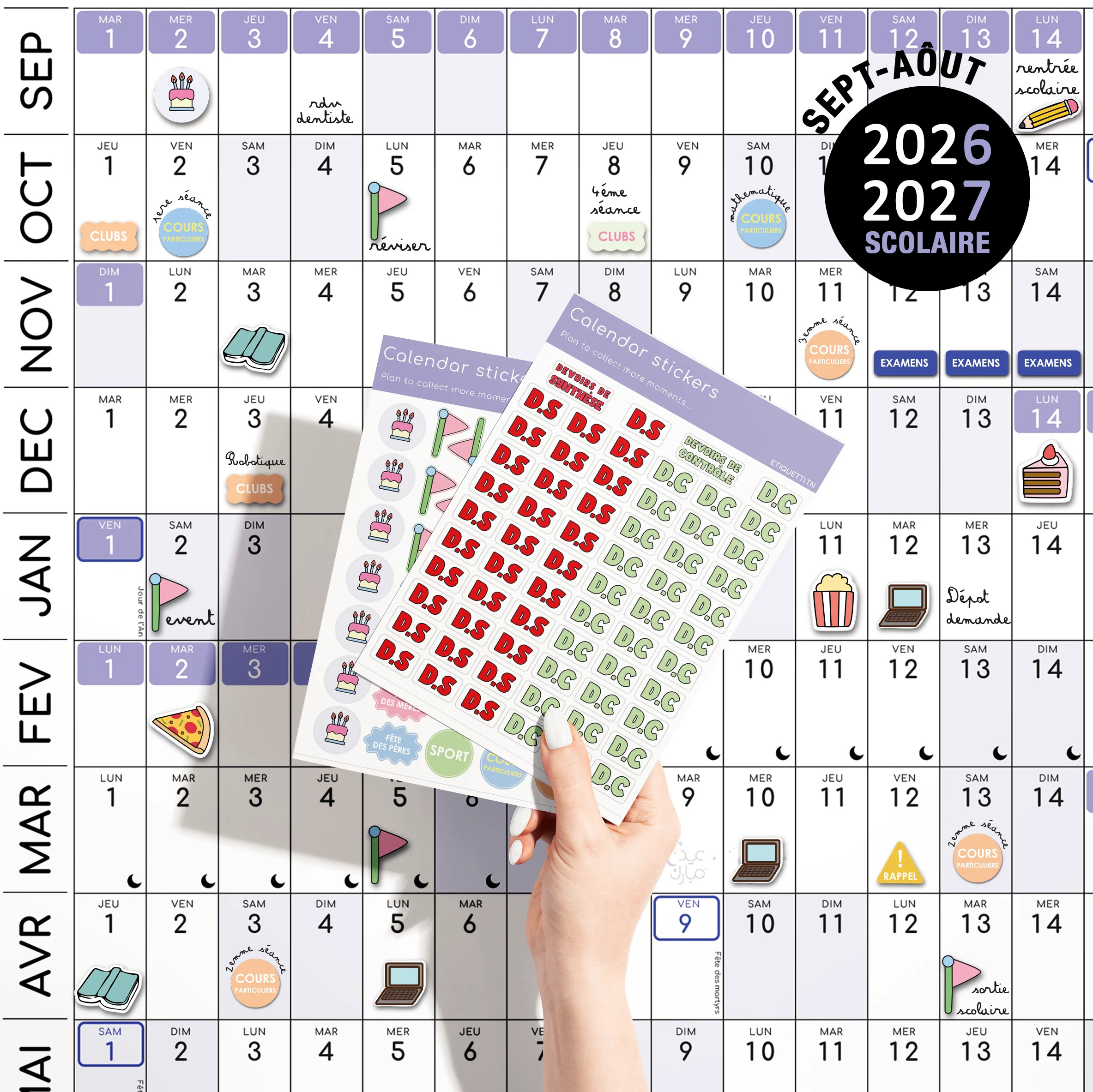 Calendrier Scolaire (Sept→Août) – Tunisie