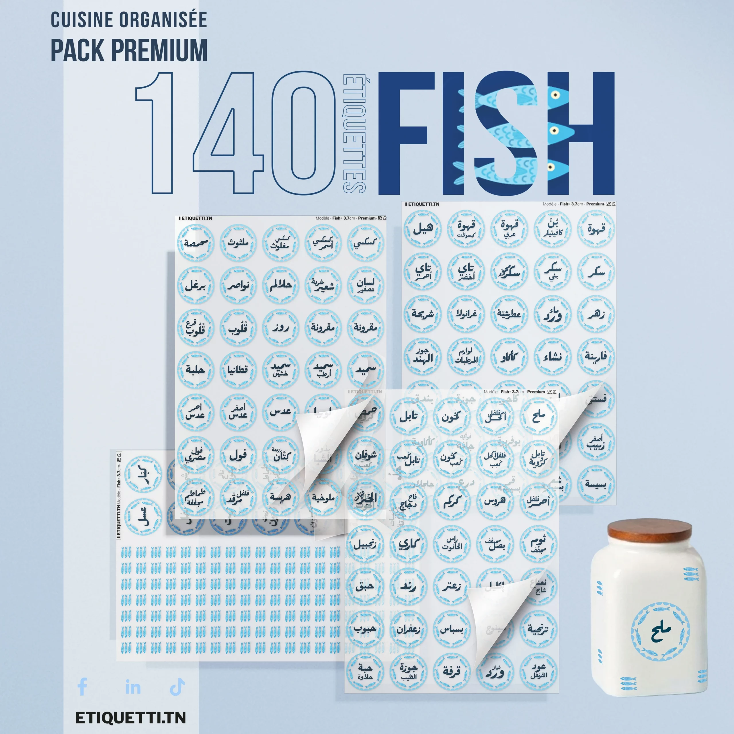 Pack de 140 étiquettes d'épices UV DTF thème poisson bleu, calligraphie arabe