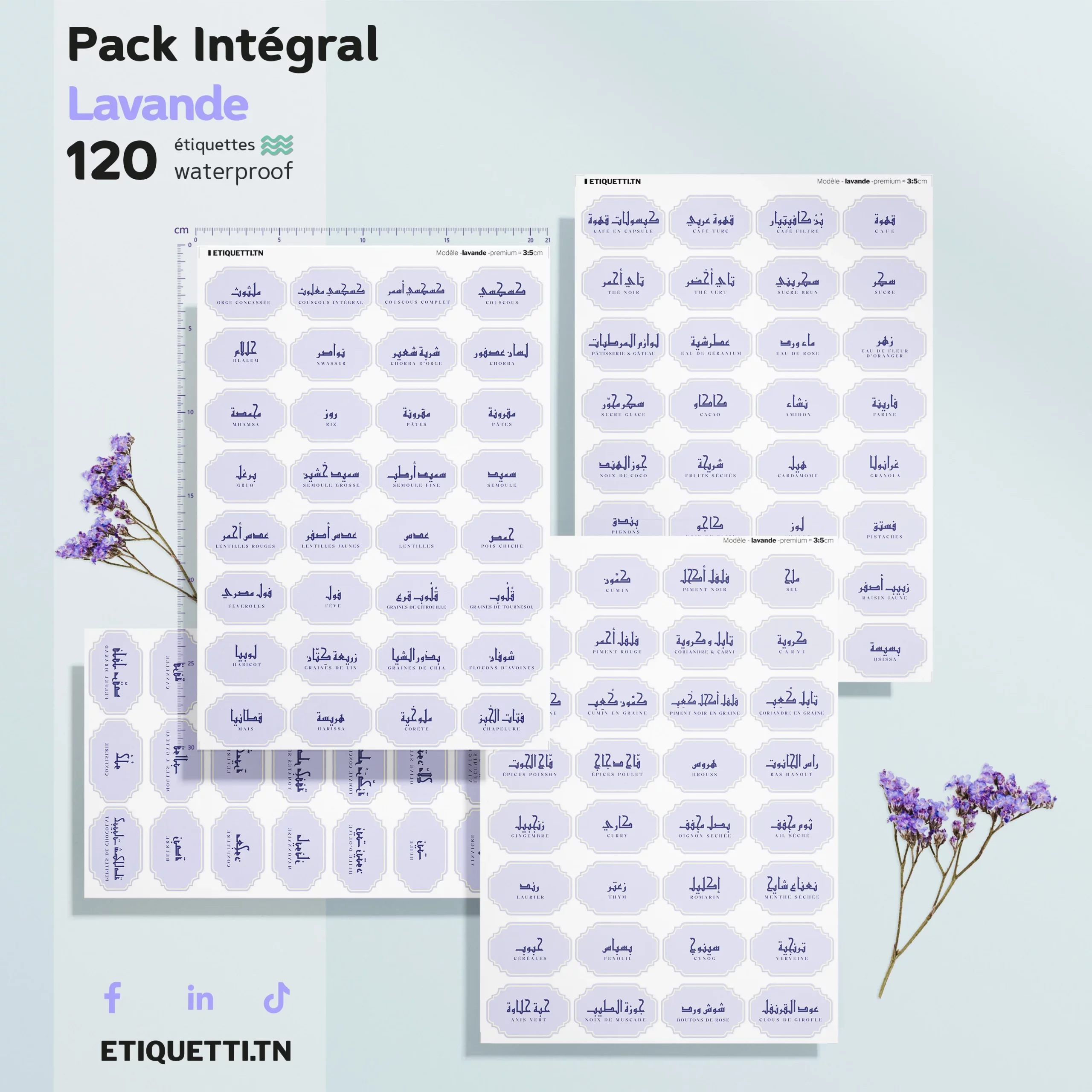 Pack Intégral Lavande : planches de 120 étiquettes waterproof mauves, nominations en arabe et français pour bocaux de cuisine