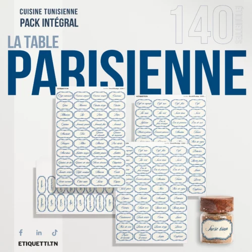 Pack Intégral La Table Parisienne : 140 étiquettes waterproof en français, cadre bleu sur fond crème